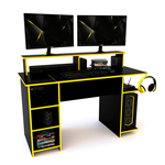 Escritorio Gamer Delos 140cm con Alzada y Estantes Negro y Amarillo