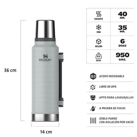 Termo Stanley Original Clásico 1,4L Silver Asa Plegable Tapón Cebador