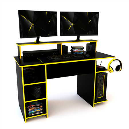 Escritorio Gamer Delos 140cm con Alzada y Estantes Negro y Amarillo