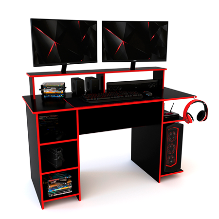 Escritorio Gamer Delos 140cm con Alzada y Estantes Negro y Rojo